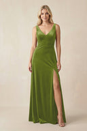 V - Neck A - Line Velvet Bridesmaid Dress in Thyme - KissProm Bridesmaid Dresses