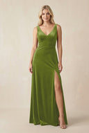 V - Neck A - Line Velvet Bridesmaid Dress in Thyme - KissProm Bridesmaid Dresses