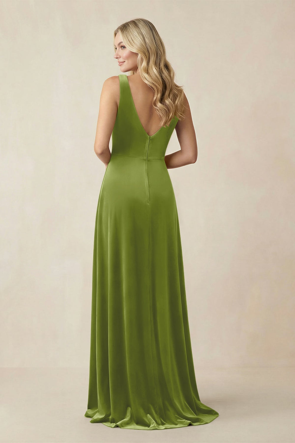 V - Neck A - Line Velvet Bridesmaid Dress in Thyme - KissProm Bridesmaid Dresses