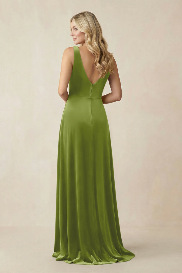 V - Neck A - Line Velvet Bridesmaid Dress in Thyme - KissProm Bridesmaid Dresses