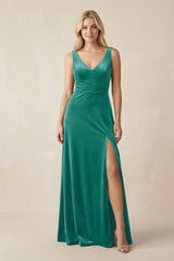 V - Neck A - Line Velvet Bridesmaid Dress in Turquoise - KissProm Bridesmaid Dresses