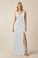 V - Neck A - Line Velvet Bridesmaid Dress in White - KissProm Bridesmaid Dresses