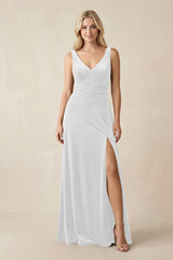 V - Neck A - Line Velvet Bridesmaid Dress in White - KissProm Bridesmaid Dresses