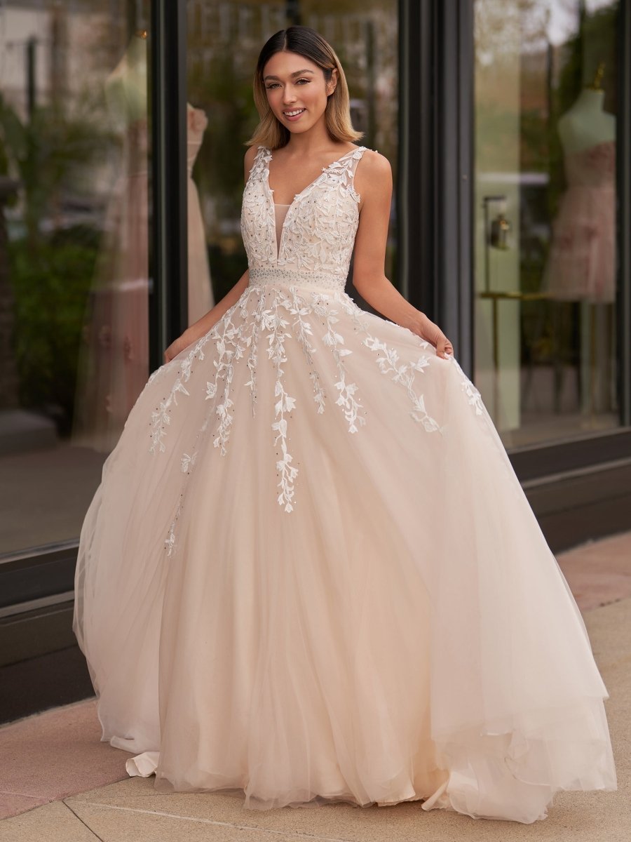 V - neck Applique Lace Tulle Sweep Train Prom Dress - KissProm