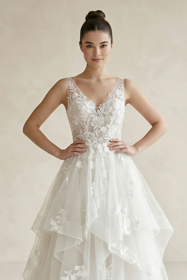 Charming A-line V-Neck Sleeveless Wedding Dress with Lace Appliques – Wedding Dresses by KissProm | Available at KissProm