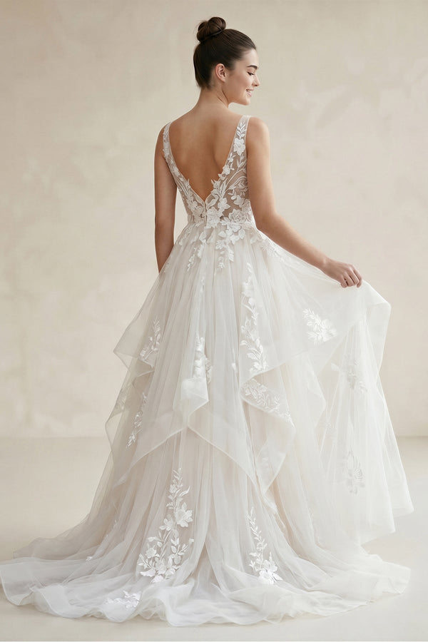 Charming A-line V-Neck Sleeveless Wedding Dress with Lace Appliques – Wedding Dresses by KissProm | Available at KissProm