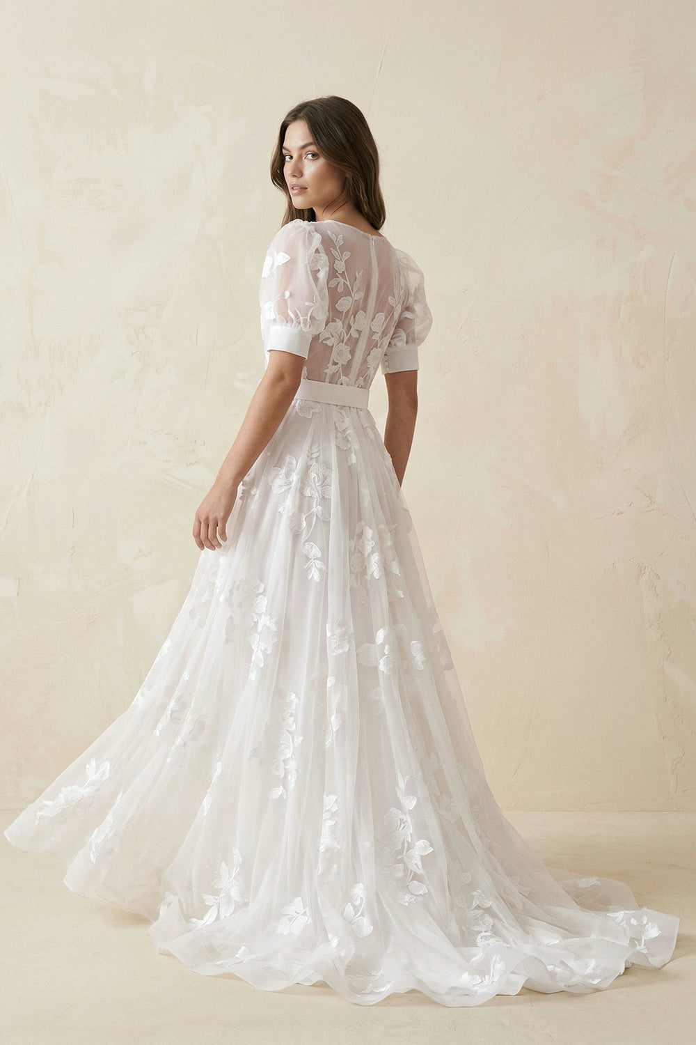 V - Neck Appliqued Tulle A - Line Wedding Dress With Belt in White - KissProm Wedding Dresses