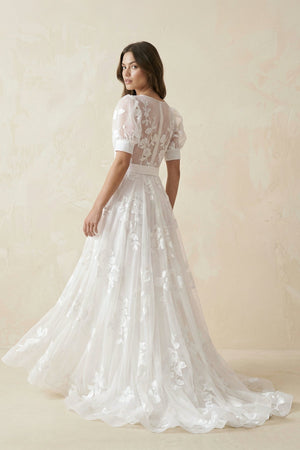 V - Neck Appliqued Tulle A - Line Wedding Dress With Belt in White - KissProm Wedding Dresses