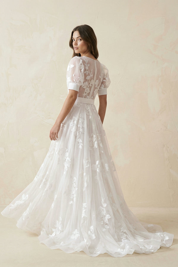 V - Neck Appliqued Tulle A - Line Wedding Dress With Belt in White - KissProm Wedding Dresses