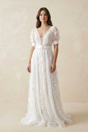 V - Neck Appliqued Tulle A - Line Wedding Dress With Belt in White - KissProm Wedding Dresses