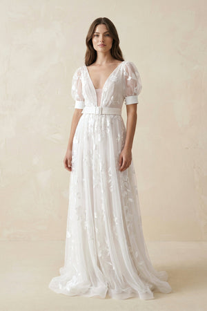 V - Neck Appliqued Tulle A - Line Wedding Dress With Belt in White - KissProm Wedding Dresses
