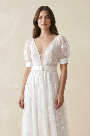 V - Neck Appliqued Tulle A - Line Wedding Dress With Belt in White - KissProm Wedding Dresses