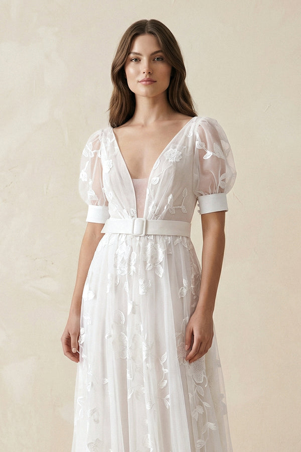 V - Neck Appliqued Tulle A - Line Wedding Dress With Belt in White - KissProm Wedding Dresses