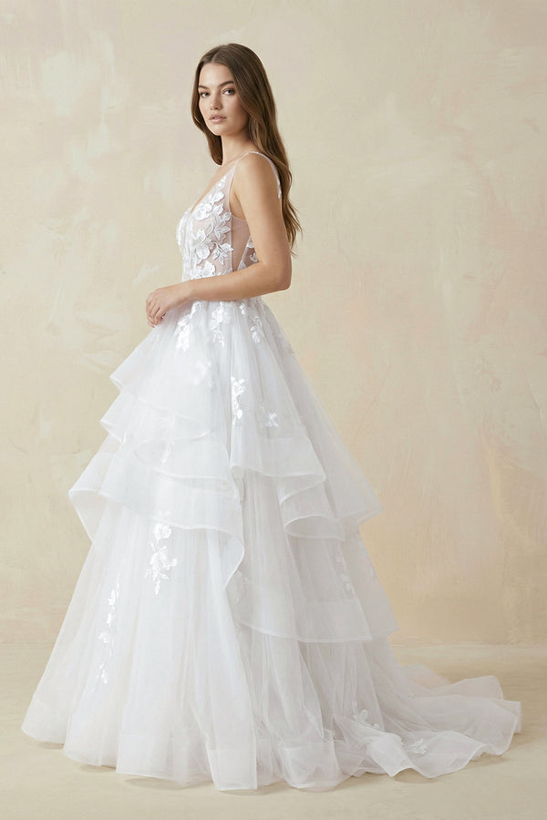 Sleeveless A Line V Neck Backless White Floral Lace Appliques Wedding Dresses-Wedding Dresses by KissProm | Available at KissProm
