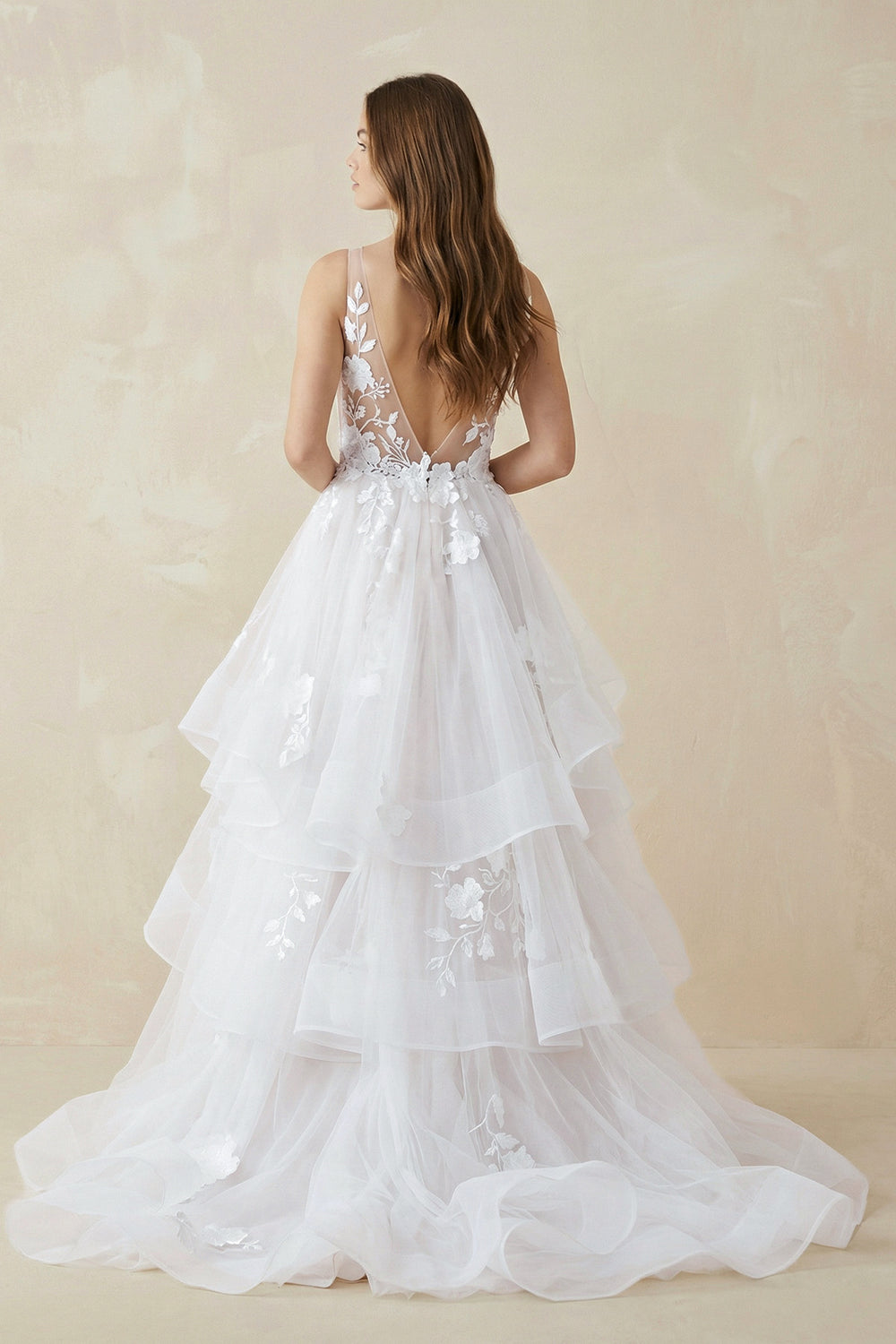 Sleeveless A Line V Neck Backless White Floral Lace Appliques Wedding Dresses-Wedding Dresses by KissProm | Available at KissProm