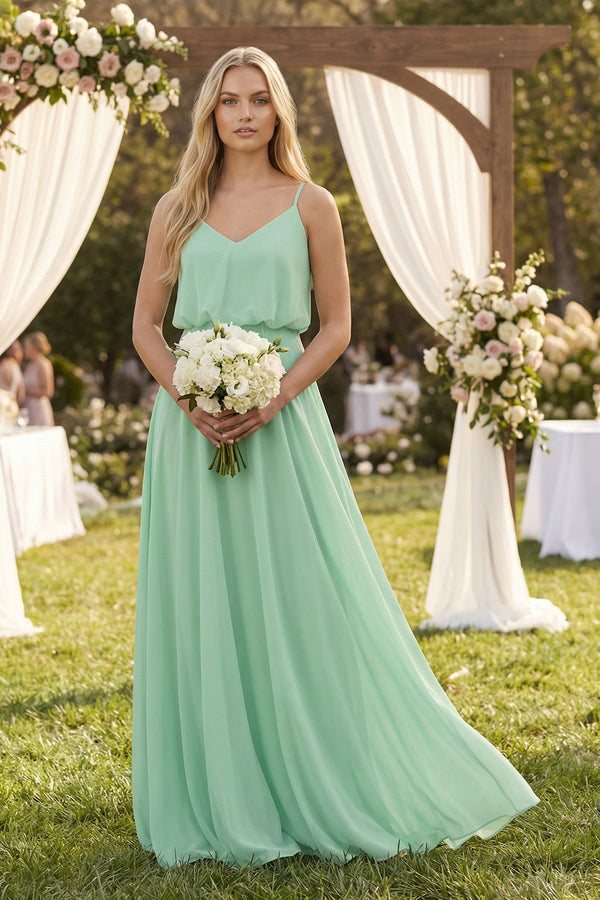 KissProm V-Neck Blouson A-Line Chiffon Bridesmaid Dress in Pale Pistachio, Pale Pistachio / 18