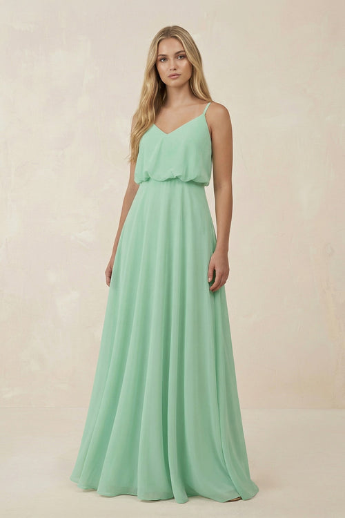 KissProm V-Neck Blouson A-Line Chiffon Bridesmaid Dress in Pale Pistachio, Pale Pistachio / 18