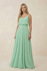 V-Neck Blouson A-Line Chiffon Bridesmaid Dress in Pale Pistachio - KissProm BRIDESMAID DRESSES
