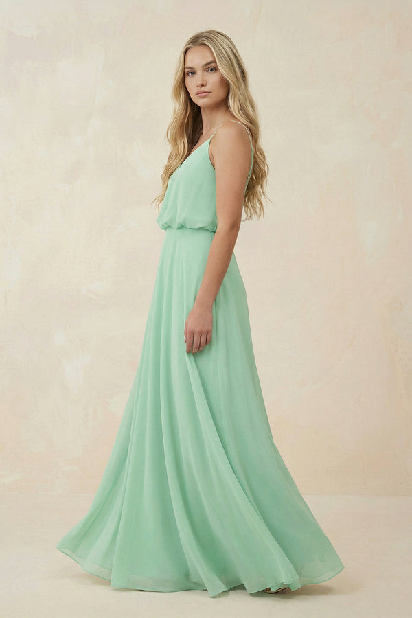 V-Neck Blouson A-Line Chiffon Bridesmaid Dress in Pale Pistachio - KissProm BRIDESMAID DRESSES