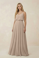 V - Neck Blouson A - Line Chiffon Bridesmaid Dress in Almond - KissProm Bridesmaid Dresses