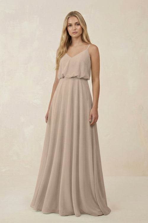 V - Neck Blouson A - Line Chiffon Bridesmaid Dress in Almond - KissProm Bridesmaid Dresses