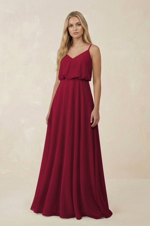 KissProm V-Neck Blouson A-Line Chiffon Bridesmaid Dress in Berry, Berry / 26