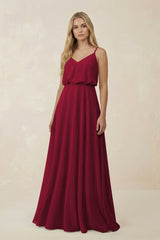 V - Neck Blouson A - Line Chiffon Bridesmaid Dress in Berry - KissProm Bridesmaid Dresses