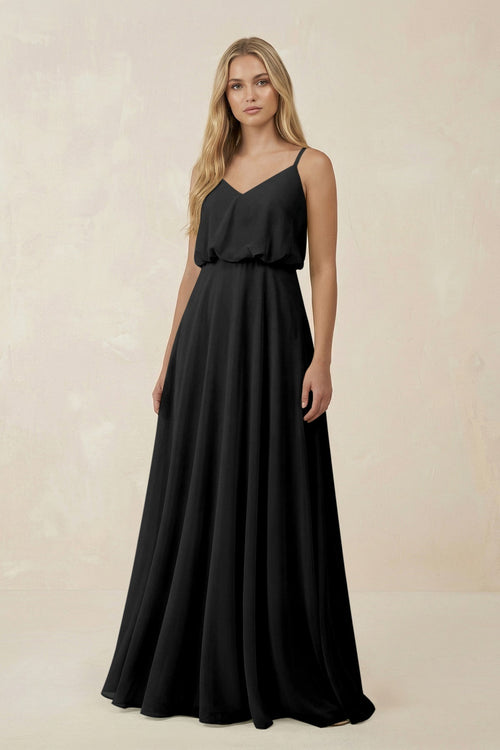 KissProm V-Neck Blouson A-Line Chiffon Bridesmaid Dress in Black, Black / 2