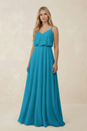 V - Neck Blouson A - Line Chiffon Bridesmaid Dress in Blue Jay - KissProm Bridesmaid Dresses