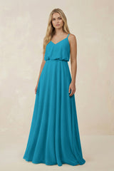 V - Neck Blouson A - Line Chiffon Bridesmaid Dress in Blue Jay - KissProm Bridesmaid Dresses