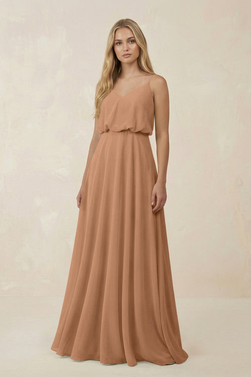 V-Neck Blouson A-Line Chiffon Bridesmaid Dress in Bronzer, Bronzer / 14