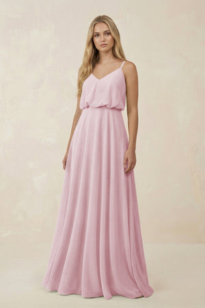 V - Neck Blouson A - Line Chiffon Bridesmaid Dress in Candy Pink - KissProm Bridesmaid Dresses