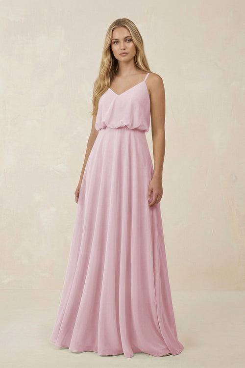 V - Neck Blouson A - Line Chiffon Bridesmaid Dress in Candy Pink - KissProm Bridesmaid Dresses