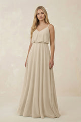 V - Neck Blouson A - Line Chiffon Bridesmaid Dress in Champagne - KissProm Bridesmaid Dresses
