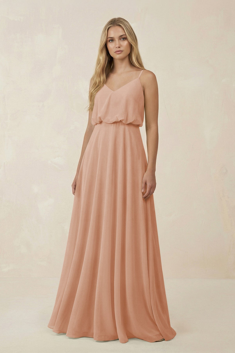 V - Neck Blouson A - Line Chiffon Bridesmaid Dress in Champagne Rose - KissProm Bridesmaid Dresses