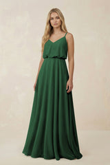 V - Neck Blouson A - Line Chiffon Bridesmaid Dress in Dark Green - KissProm Bridesmaid Dresses