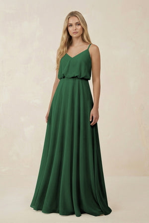 V - Neck Blouson A - Line Chiffon Bridesmaid Dress in Dark Green - KissProm Bridesmaid Dresses