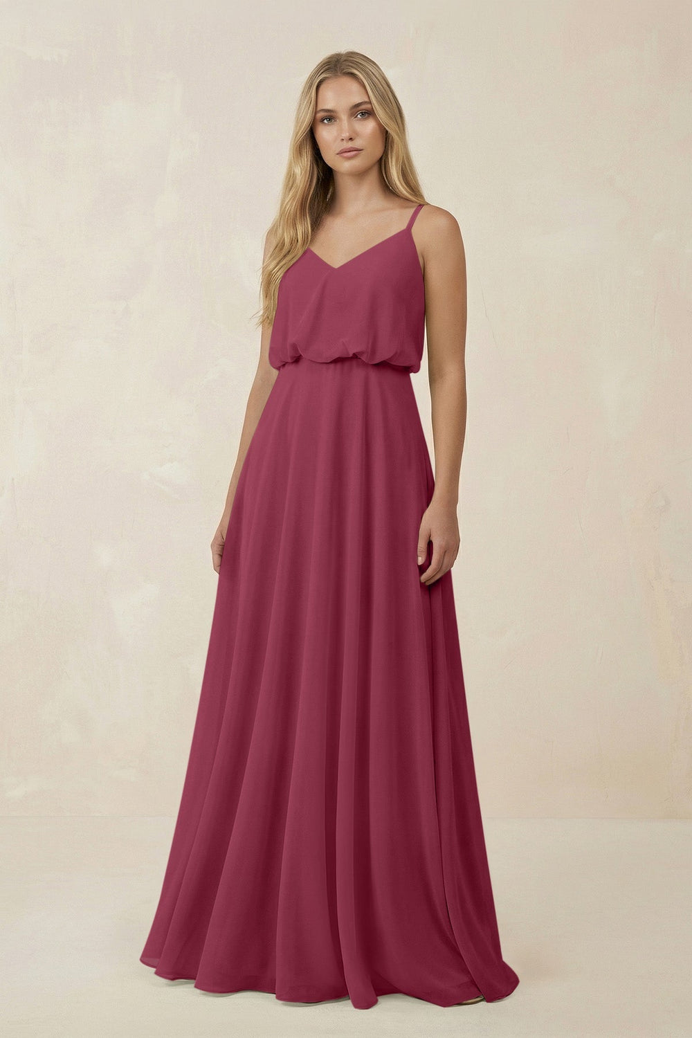 V - Neck Blouson A - Line Chiffon Bridesmaid Dress in Desert Rose - KissProm Bridesmaid Dresses