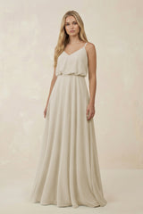 V - Neck Blouson A - Line Chiffon Bridesmaid Dress in Dove Gray - KissProm Bridesmaid Dresses
