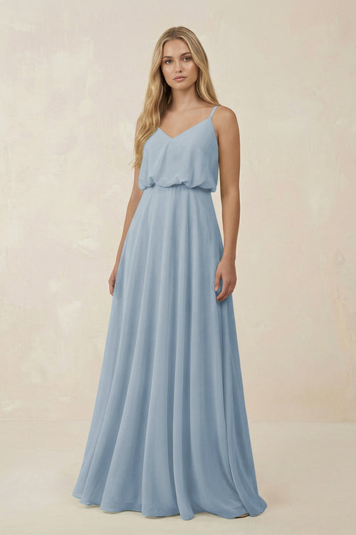KissProm V-Neck Blouson A-Line Chiffon Bridesmaid Dress in Dusty Blue, Dusty Blue / 6