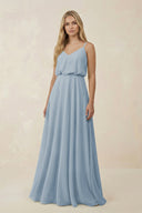 V - Neck Blouson A - Line Chiffon Bridesmaid Dress in Dusty Blue - KissProm Bridesmaid Dresses