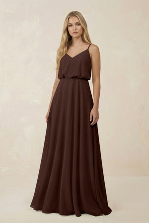 V - Neck Blouson A - Line Chiffon Bridesmaid Dress in Espresso - KissProm Bridesmaid Dresses