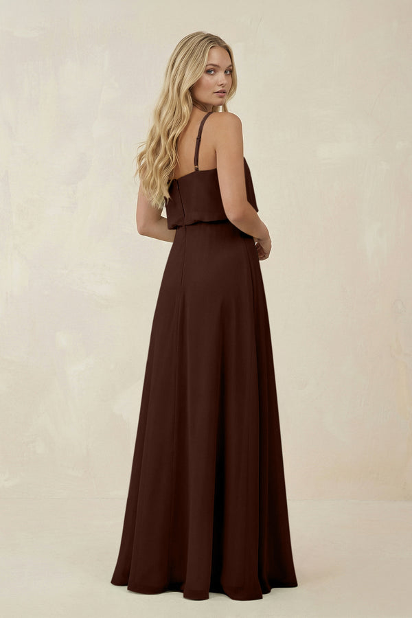 KissProm V-Neck Blouson A-Line Chiffon Bridesmaid Dress in Espresso, Espresso / Custom Size( Free )