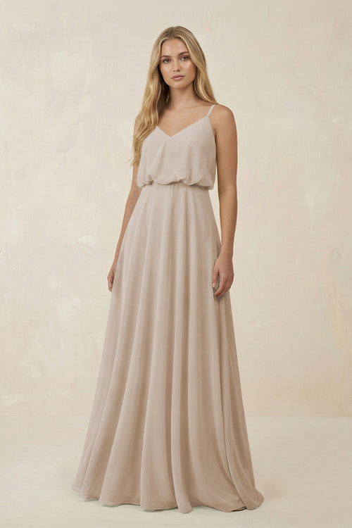 KissProm V-Neck Blouson A-Line Chiffon Bridesmaid Dress in Frost, Frost / 30