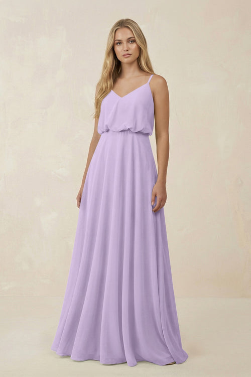 V - Neck Blouson A - Line Chiffon Bridesmaid Dress in Lavender - KissProm Bridesmaid Dresses
