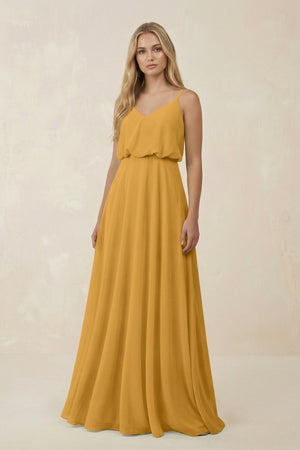 V - Neck Blouson A - Line Chiffon Bridesmaid Dress in Marigold - KissProm Bridesmaid Dresses