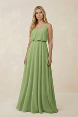 V - Neck Blouson A - Line Chiffon Bridesmaid Dress in Matcha - KissProm Bridesmaid Dresses
