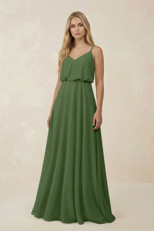 V - Neck Blouson A - Line Chiffon Bridesmaid Dress in Moss - KissProm Bridesmaid Dresses