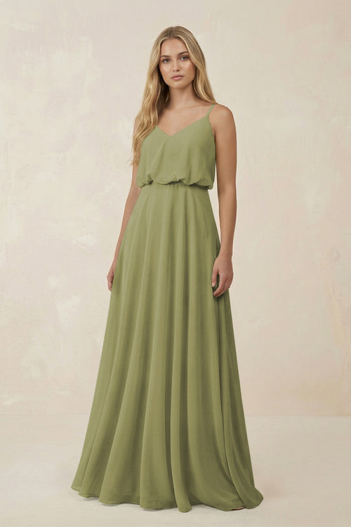 V - Neck Blouson A - Line Chiffon Bridesmaid Dress in Moss Green - KissProm Bridesmaid Dresses