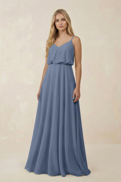 KissProm V-Neck Blouson A-Line Chiffon Bridesmaid Dress in Neptune, Neptune / 24
